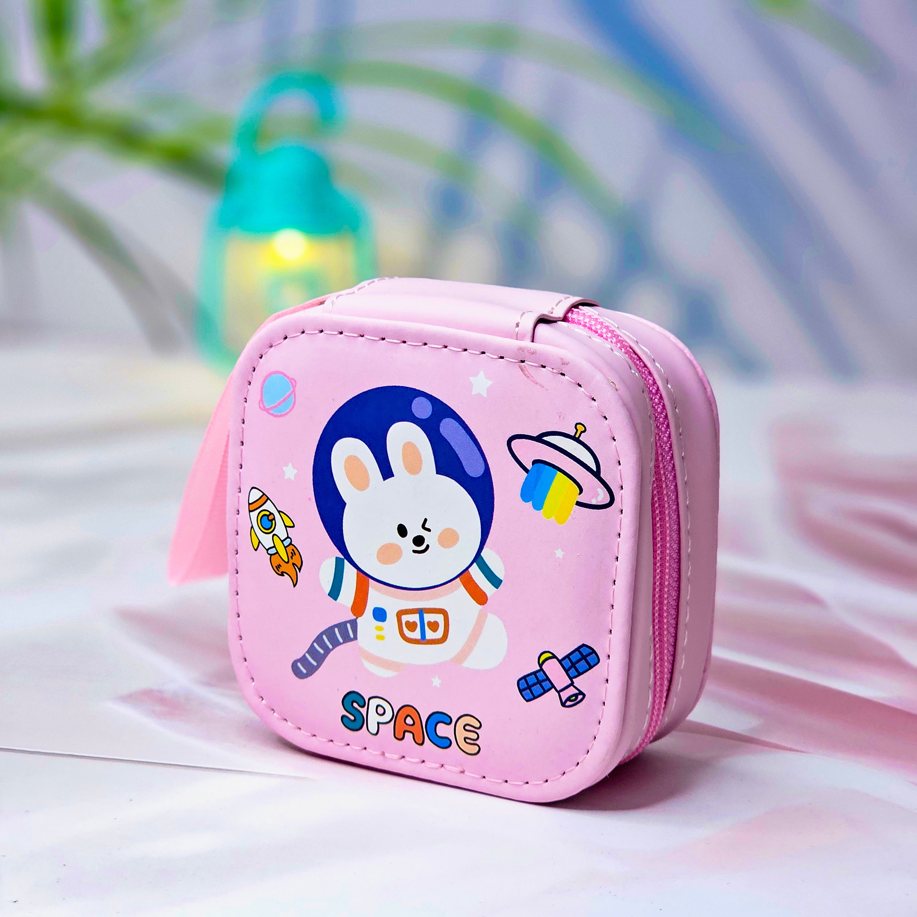 Six colorful cute cartoon square mini zipper pouches with astronaut, bunny, dinosaur, dog, and cloud designs, ideal for coins, earphones, and accessories